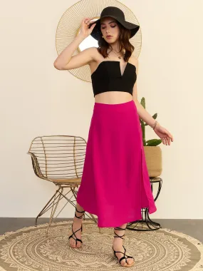 Berrylush Women Solid Pink High-Rise Waist Thigh-High Slit Zipper-Up Flared A-Line Midi Skirt