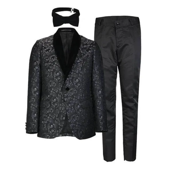 BLACK AND GREY DAMASK 3 PIECE SUIT WITH BOW-TIE