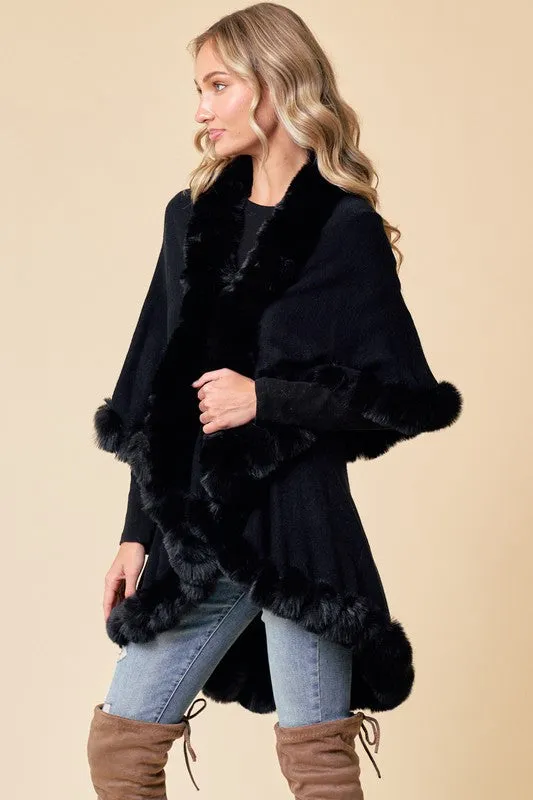 Black Faux Fur Shawl Women Fine Knit Open