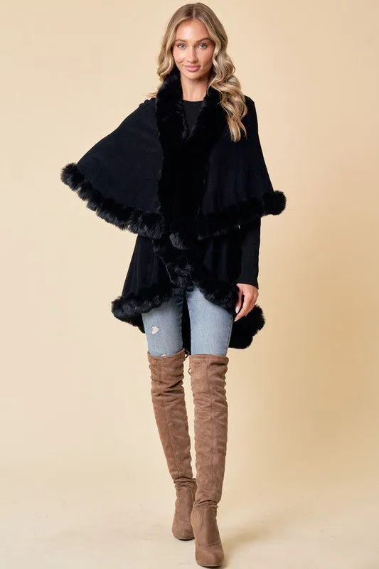 Black Faux Fur Shawl Women Fine Knit Open