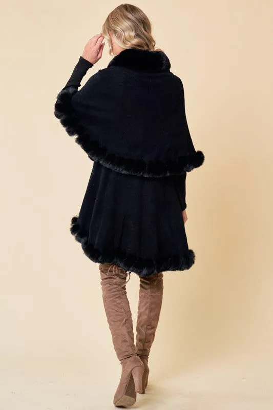 Black Faux Fur Shawl Women Fine Knit Open