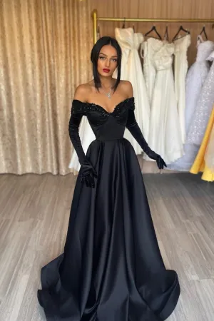 Black Long A Line Off the Shoulder Satin Prom Dress with Gloves