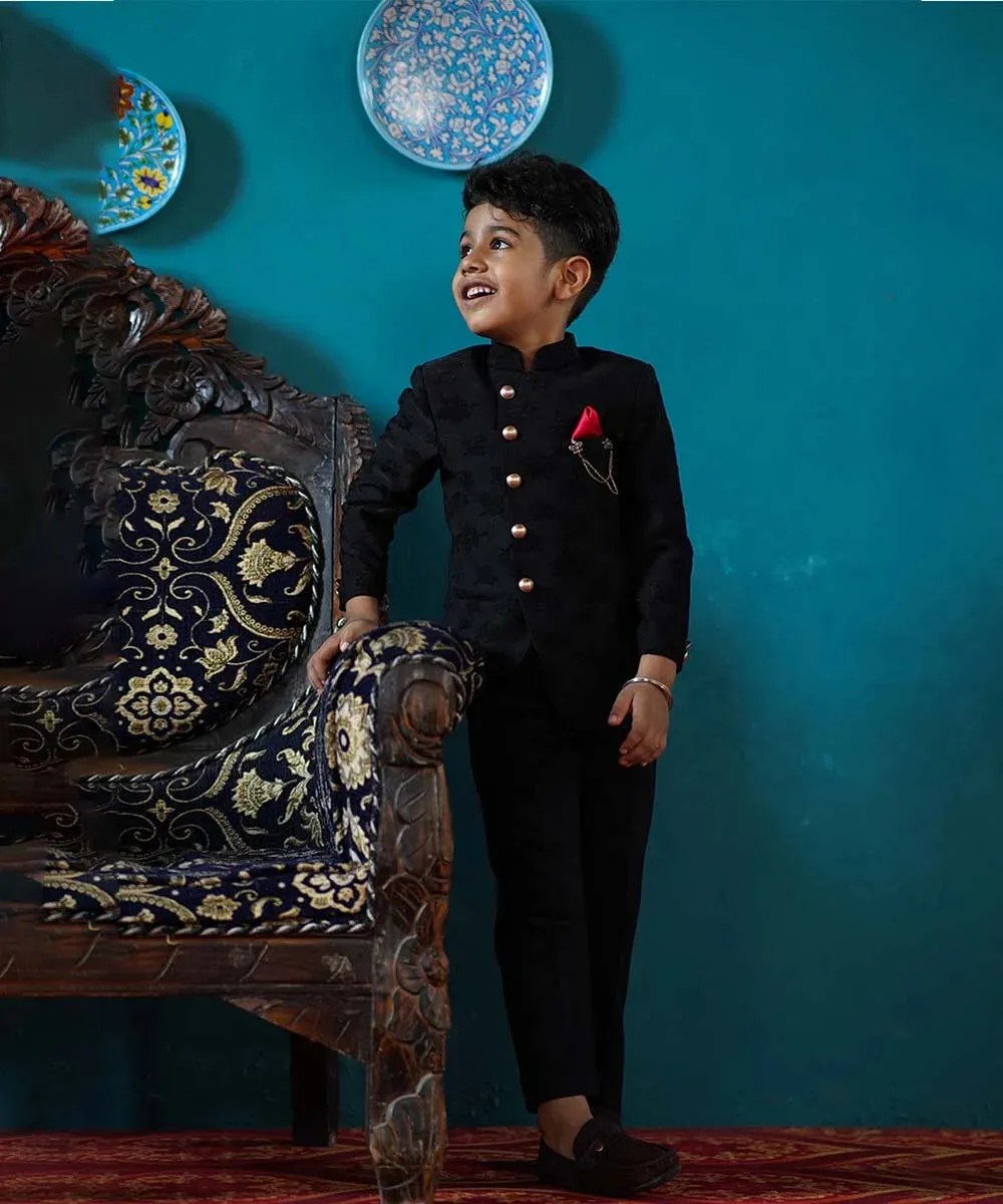 Black Self Jacquard Design Jodhpuri Suit for Boys