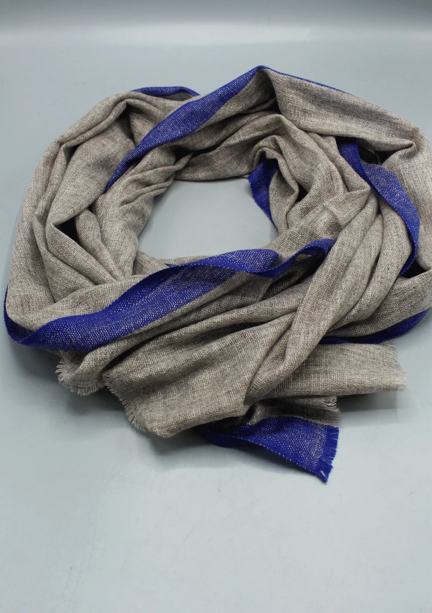 Blue Border Beige Color Mix Wool Cashmere Shawl