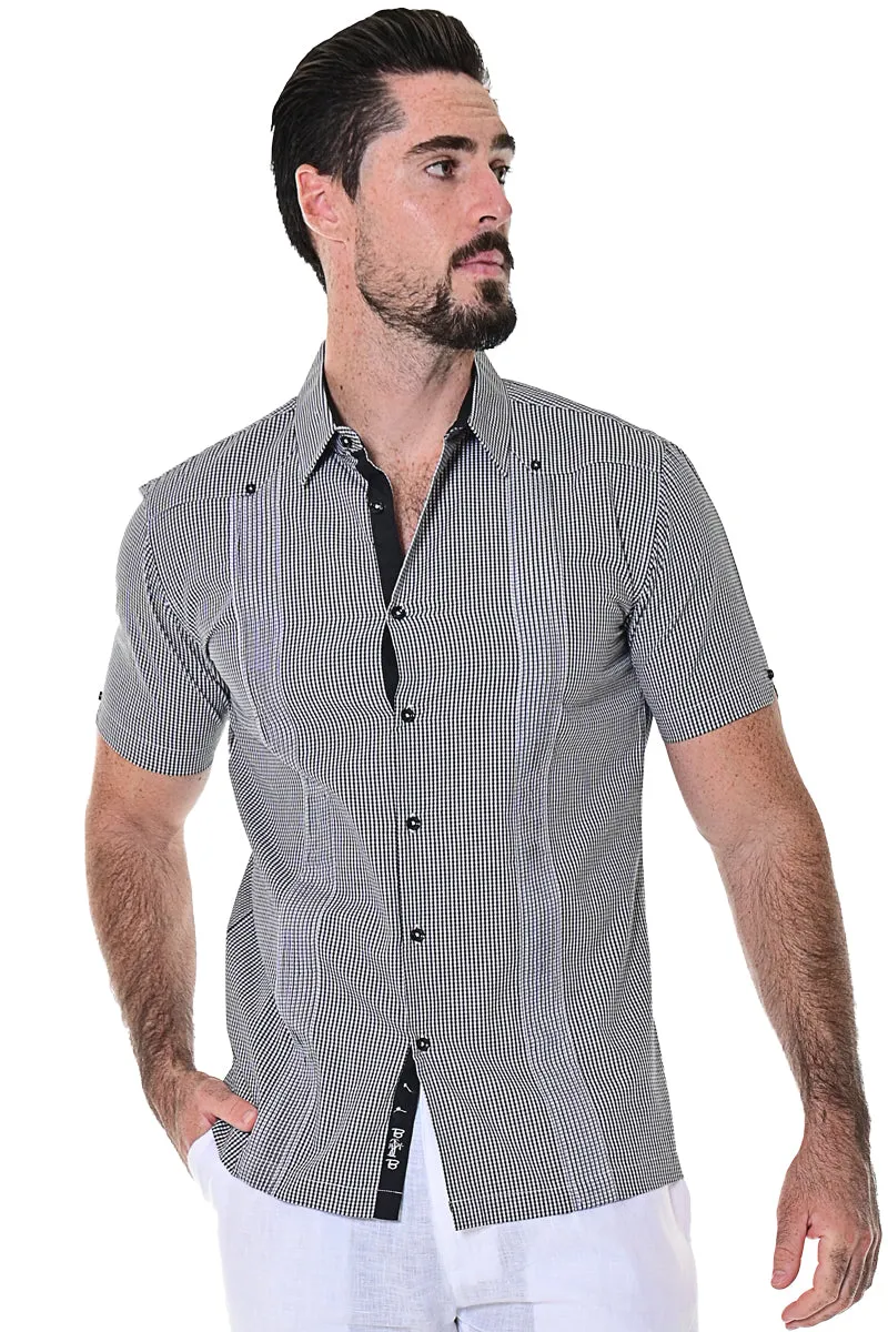 Bohio Mens Guayabera Style Gingham Pattern Cuban Shirt - Button Up Short Sleeve - MCG1372