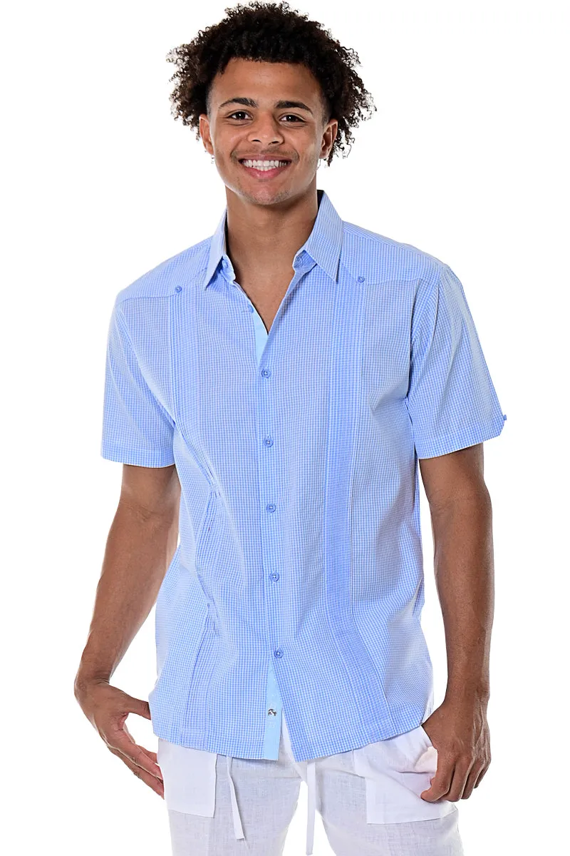 Bohio Mens Guayabera Style Gingham Pattern Cuban Shirt - Button Up Short Sleeve - MCG1372