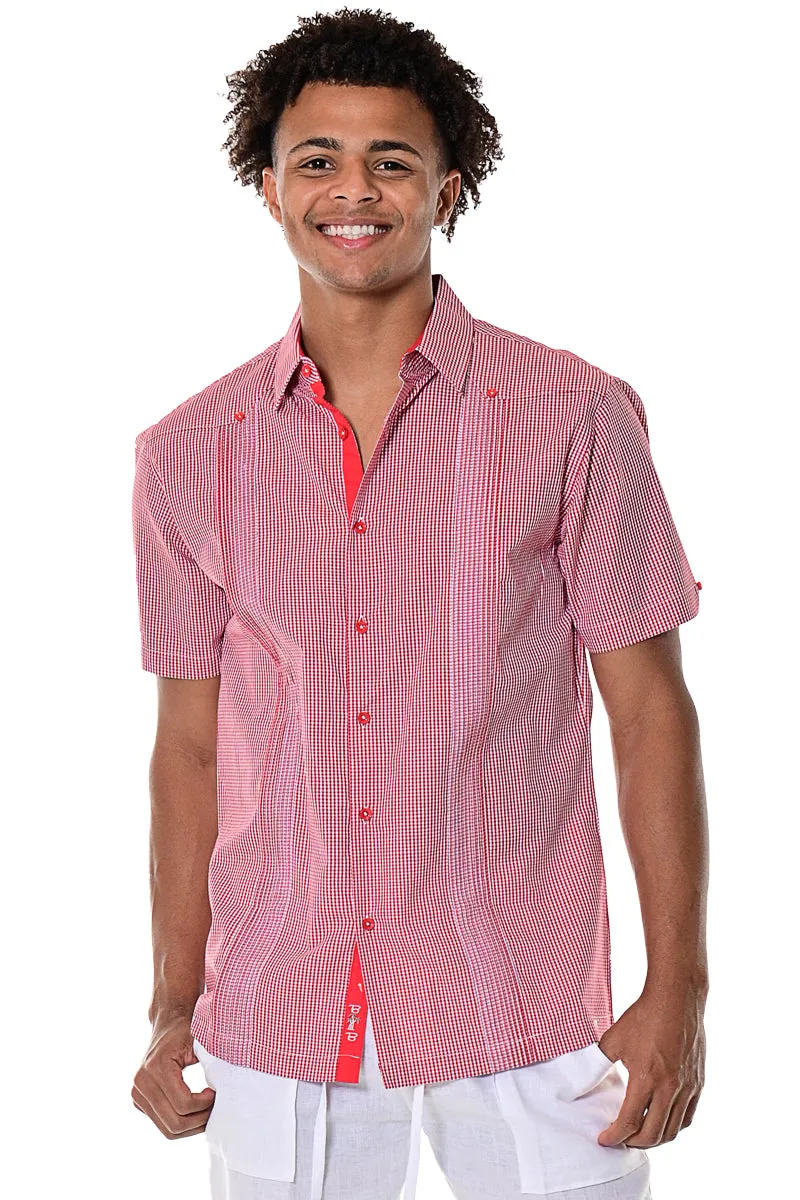 Bohio Mens Guayabera Style Gingham Pattern Cuban Shirt - Button Up Short Sleeve - MCG1372