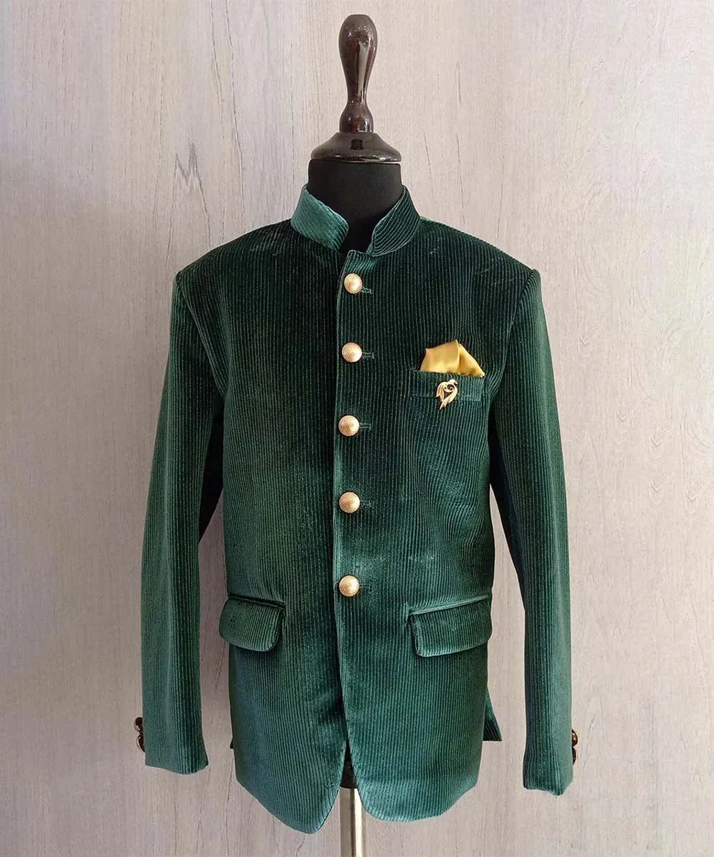 Bottle Green Rich Velvet Jodhpuri Suit for Boys