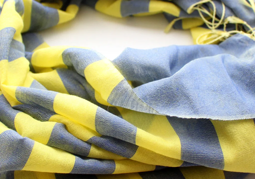 Bright Yellow Stripped Light Blue 100% Water Pashmina Shawl