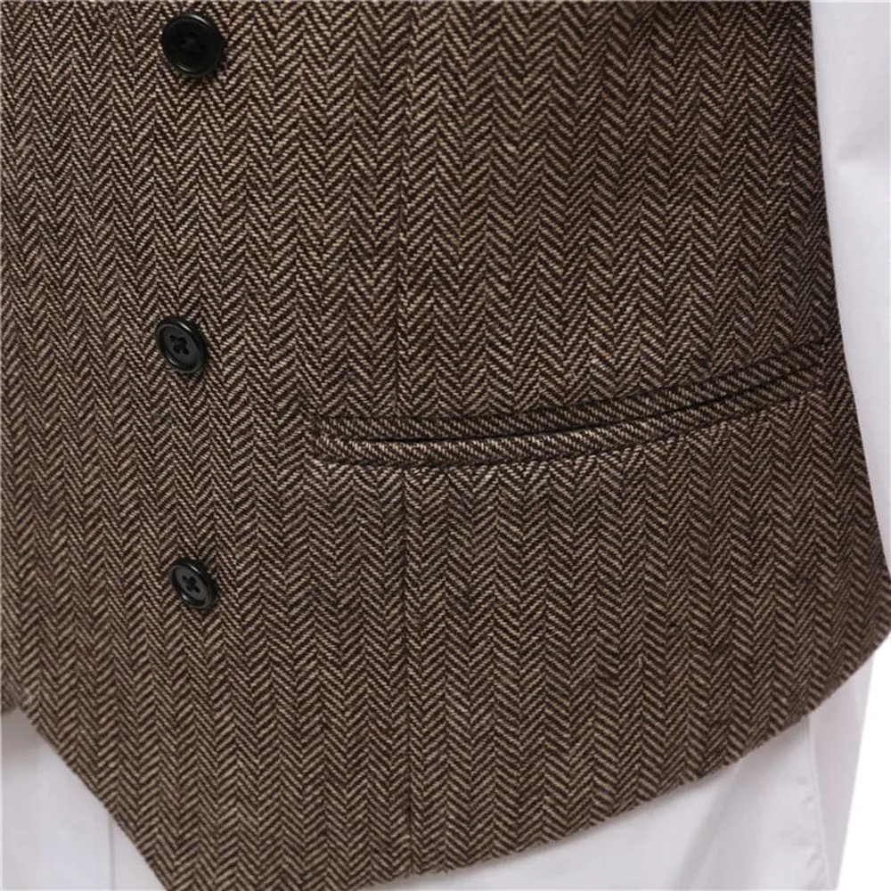 Brown Leisure Men's Suit Vest Herringbone V Neck Waistcoat