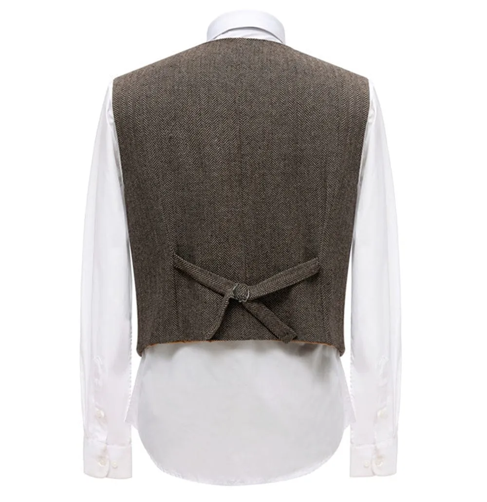 Brown Leisure Men's Suit Vest Herringbone V Neck Waistcoat