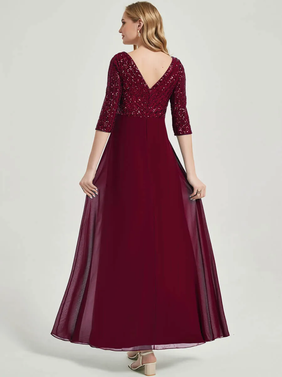 Burgundy 3/4 Sleeves V-Neck Sequin Top Chiffon Formal Evening Dress