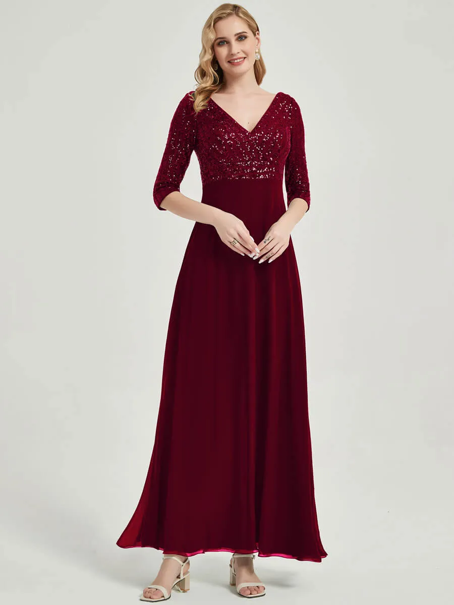 Burgundy 3/4 Sleeves V-Neck Sequin Top Chiffon Formal Evening Dress