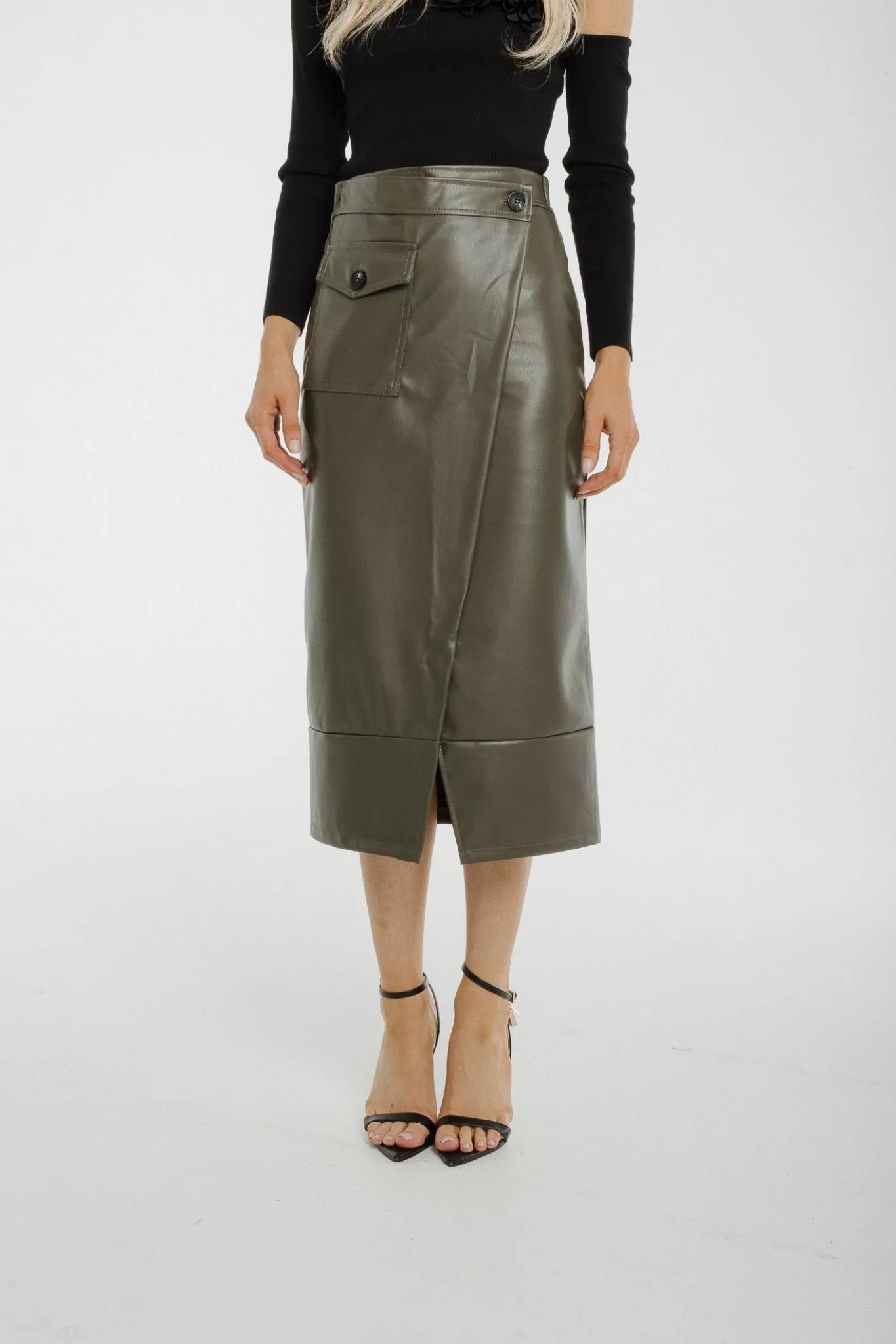 Caitlyn Wrap Faux Leather Midi Skirt In Khaki