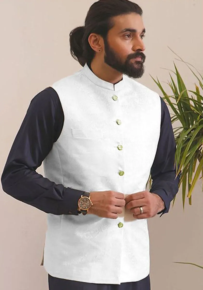 Classic Jamawar Brilliant White Traditional Waistcoat