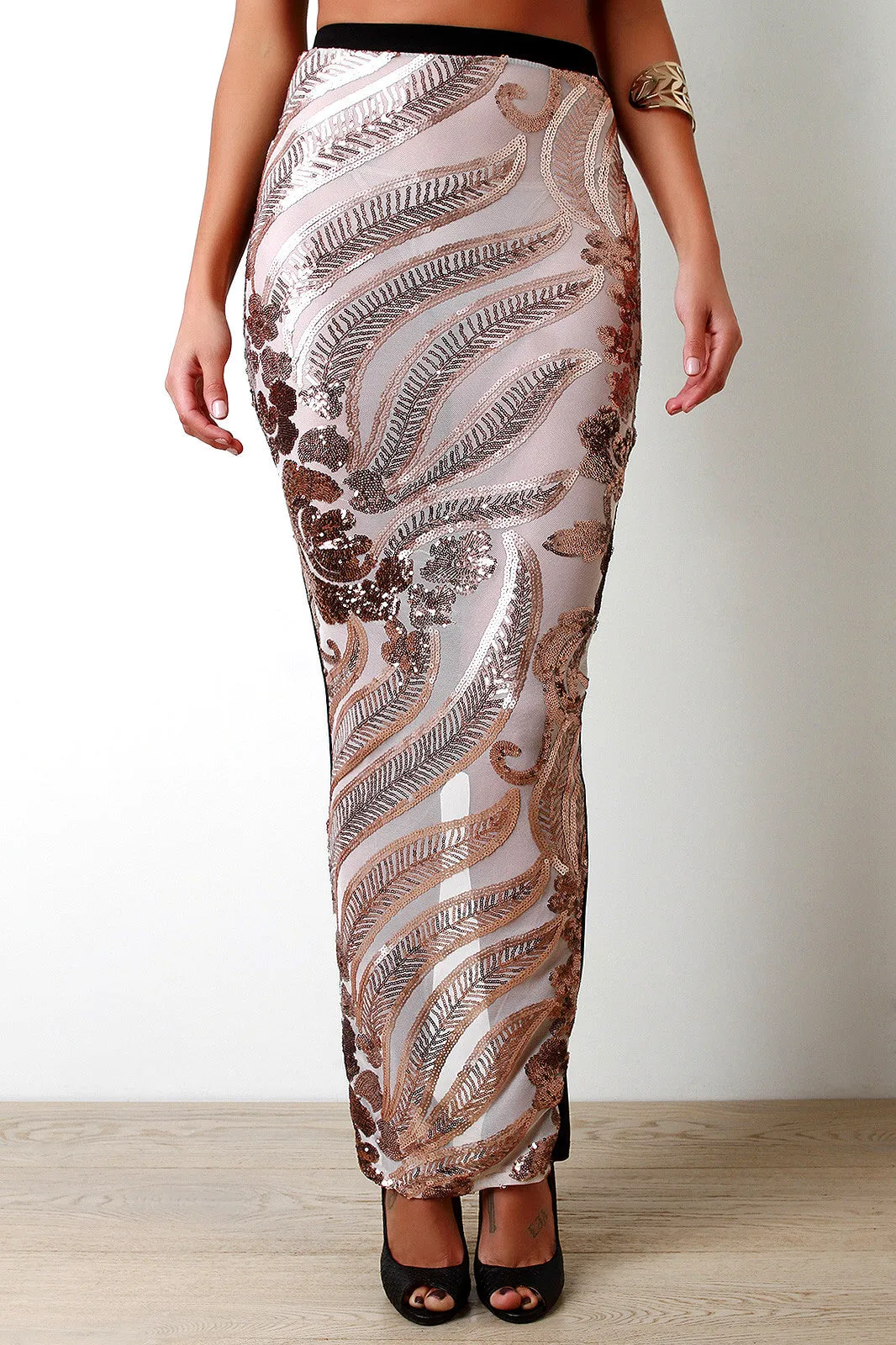 Contrast Mesh Sequin Leaf Back Slit Maxi Skirt