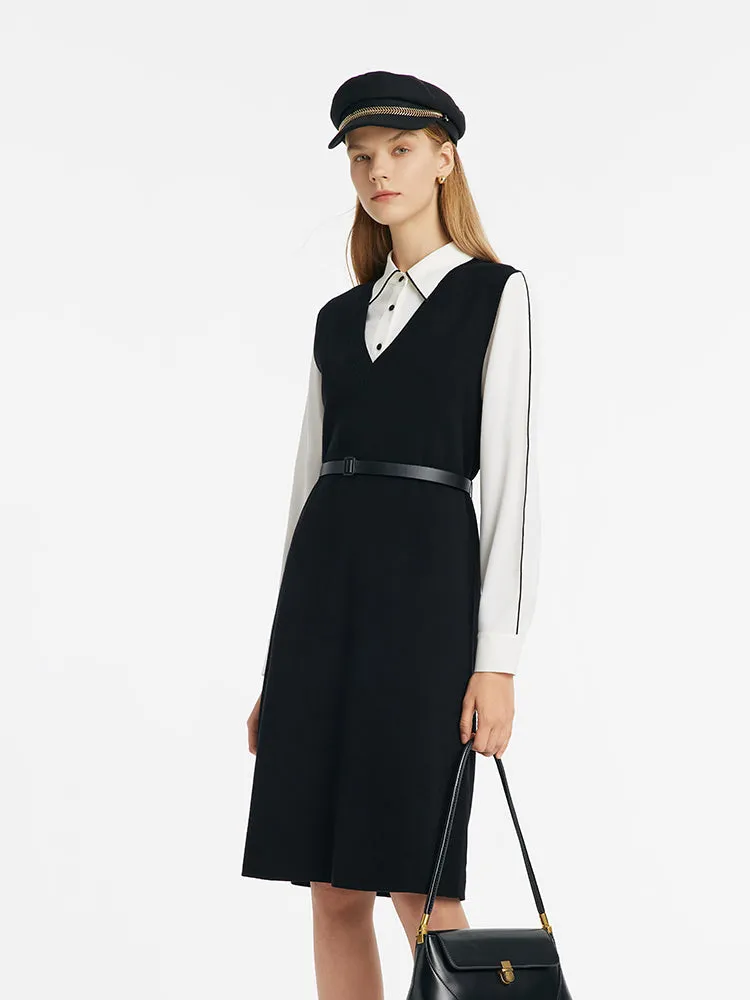 Contrast Trim Shirt And Knitted Vest Dress Two-Piece Set