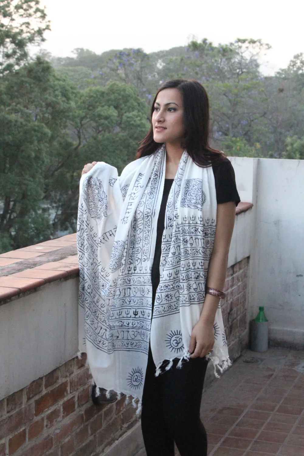 Cotton Om Prayer Shawl with Fringes