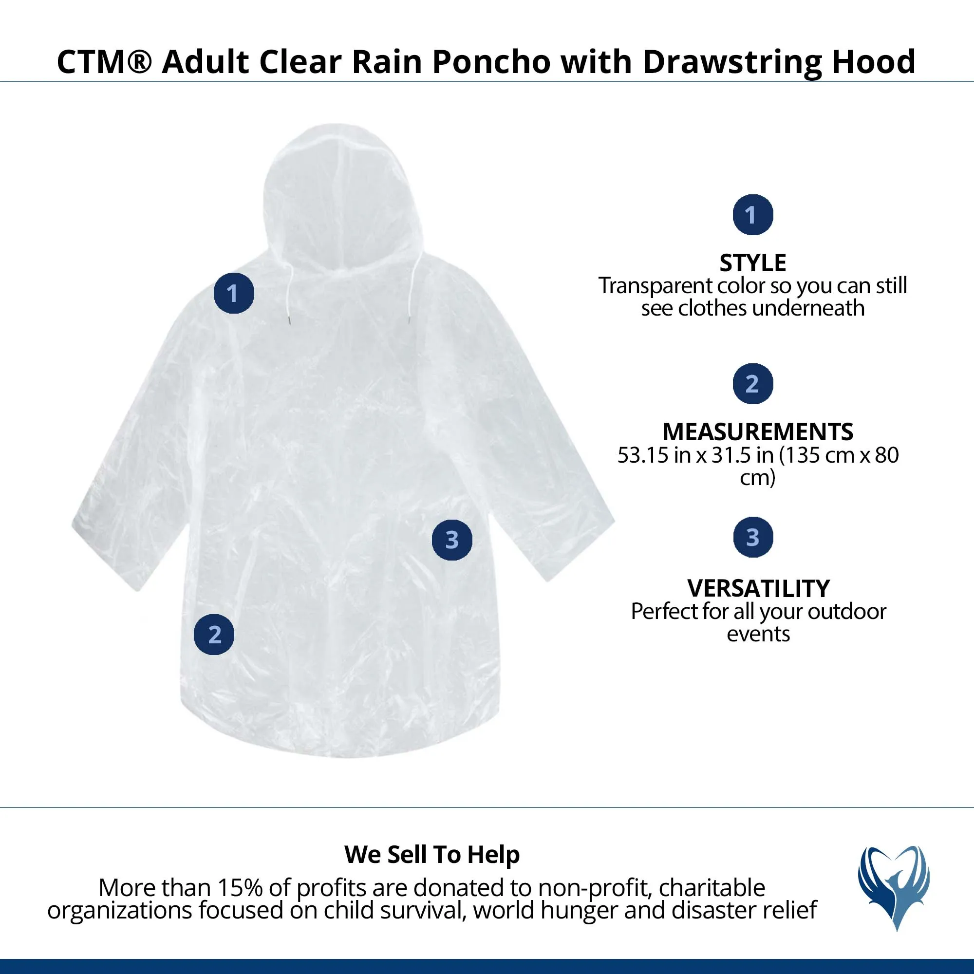 CTM® Adult Clear Rain Poncho with Drawstring Hood