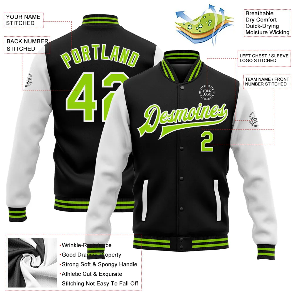 Custom Black Neon Green-White Bomber Full-Snap Varsity Letterman Two Tone Jacket