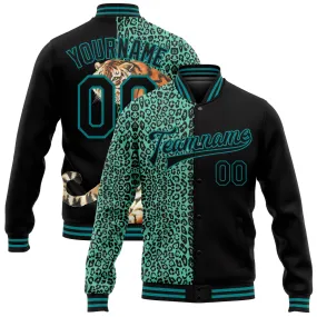 Custom Black Teal Tiger And Leopard Print 3D Pattern Design Bomber Full-Snap Varsity Letterman Jacket