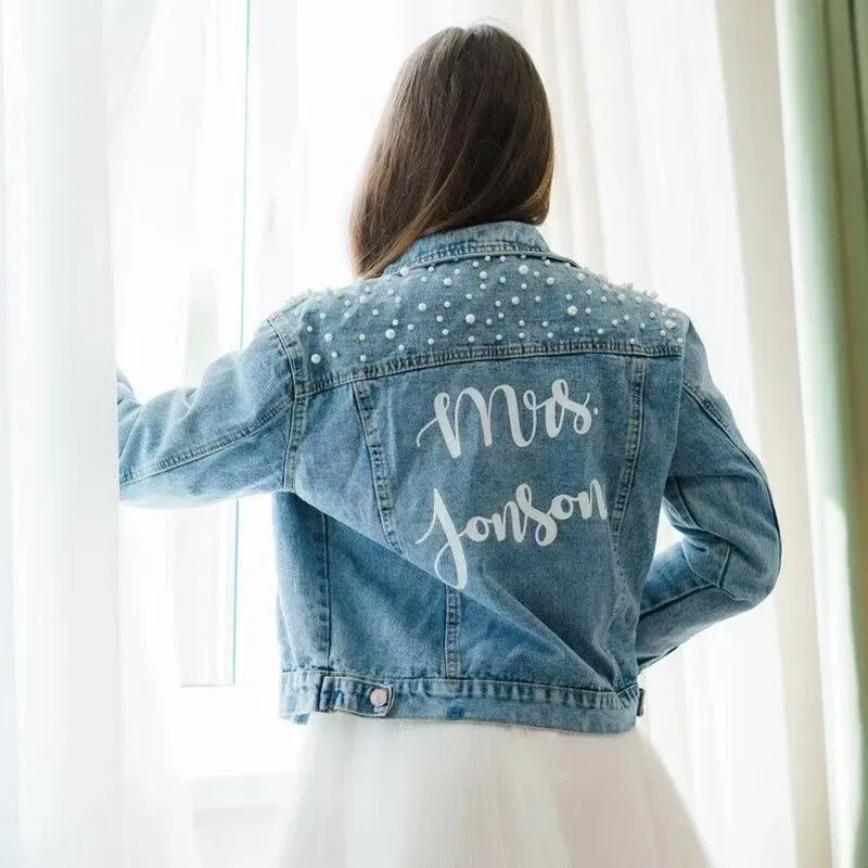 Custom Denim and Pearls Jacket for the Bride - Fashion Bridal Accessory