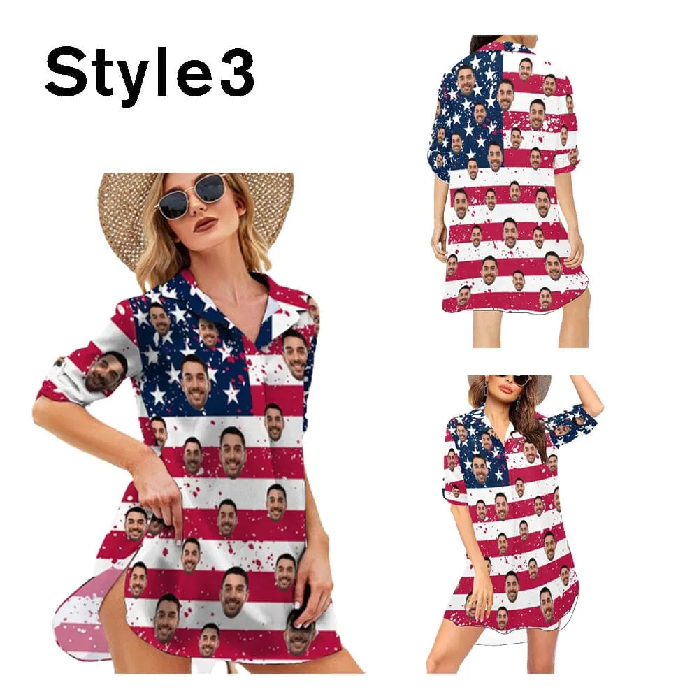 Custom Face American Flag Swim Bikini Cover Up Dress Personalized Women's V-Neck Bikini Beach Tunic Top #Celebrate July Fourth Women's Kimono Chiffon Cover Up