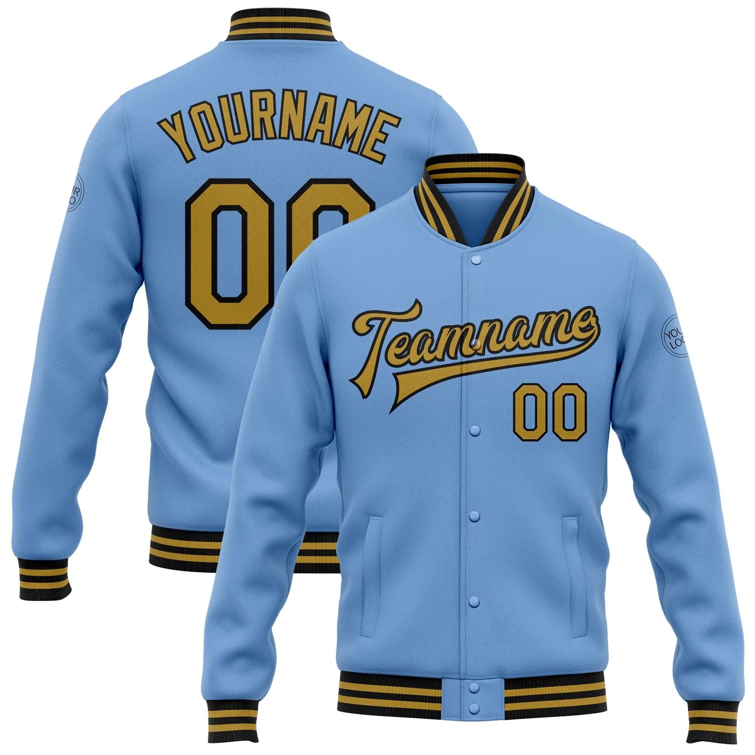 Custom Light Blue Old Gold-Black Bomber Full-Snap Varsity Letterman Jacket