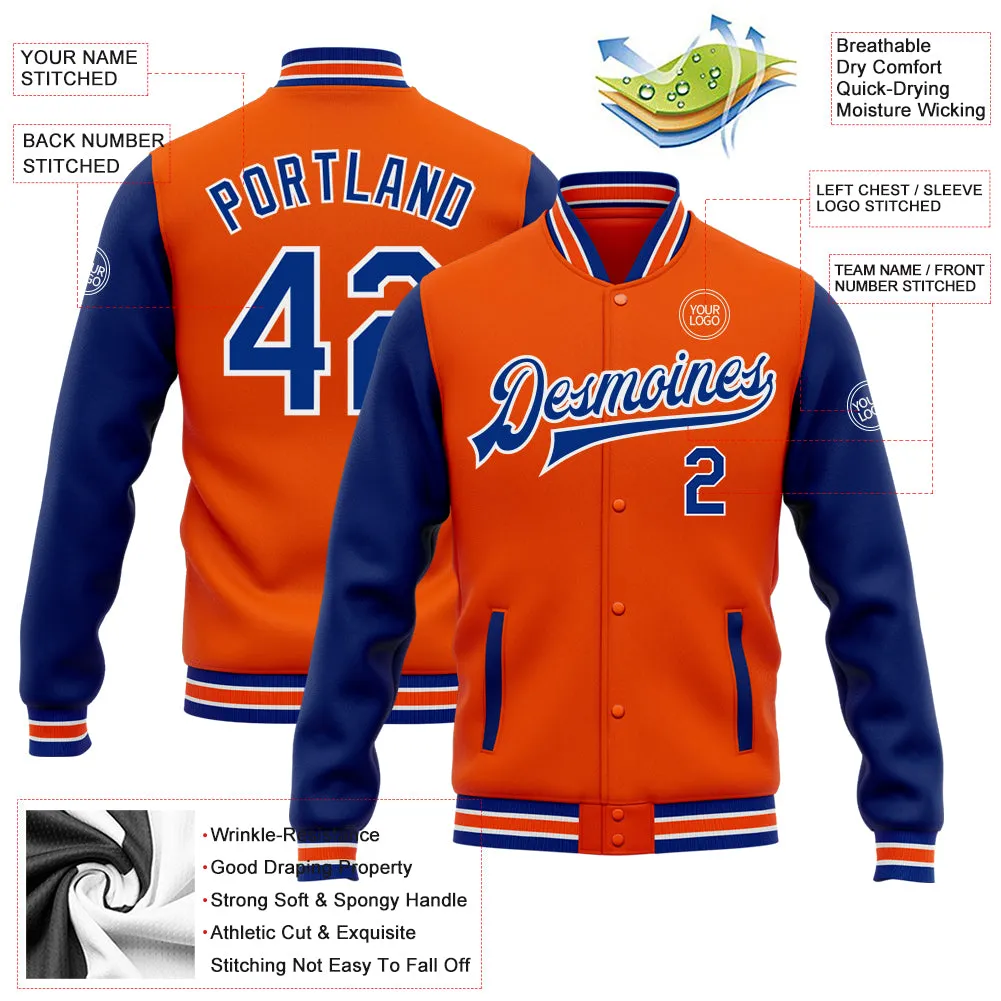 Custom Orange Royal-White Bomber Full-Snap Varsity Letterman Two Tone Jacket