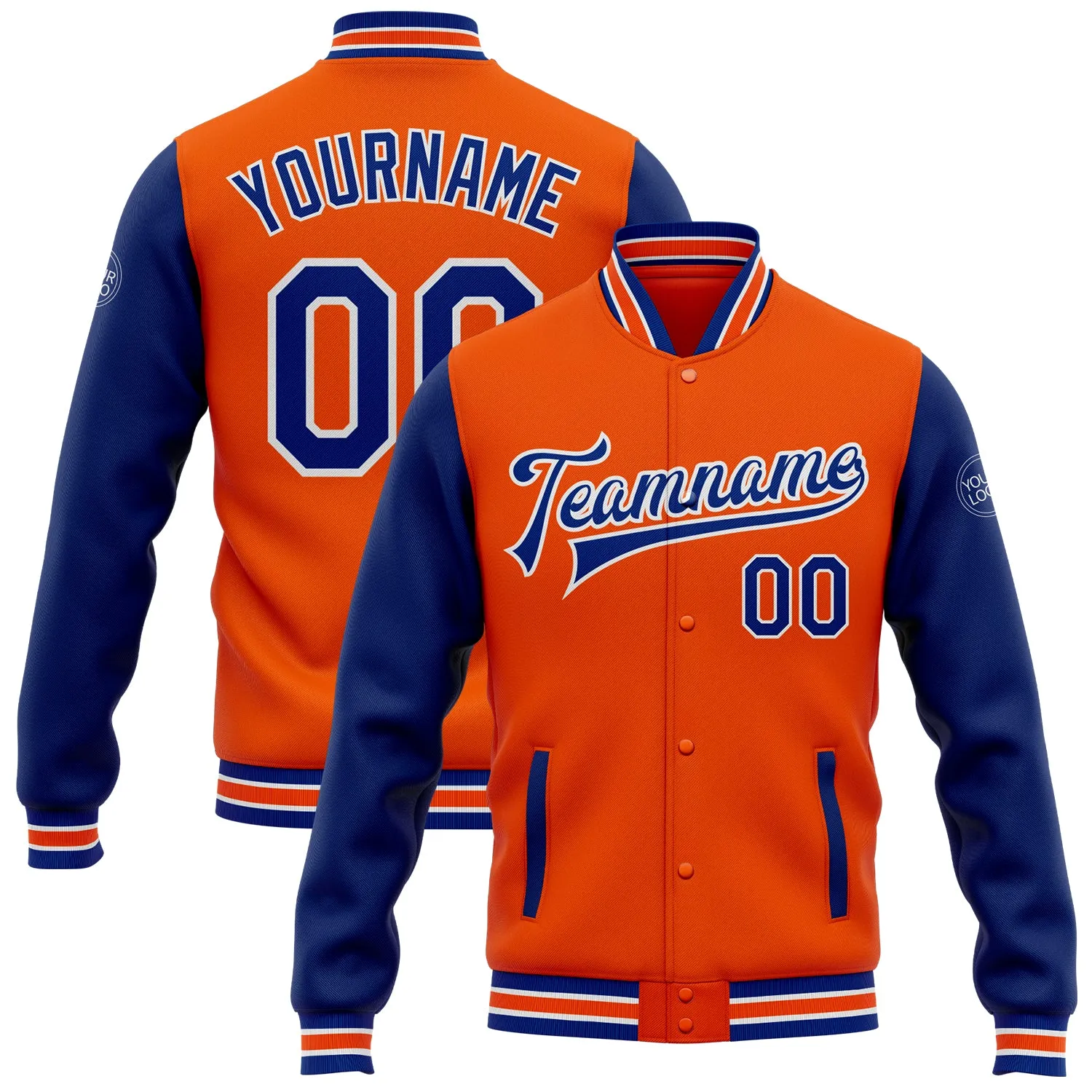 Custom Orange Royal-White Bomber Full-Snap Varsity Letterman Two Tone Jacket