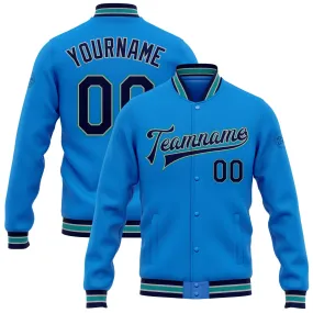 Custom Powder Blue Navy Gray-Teal Bomber Full-Snap Varsity Letterman Jacket