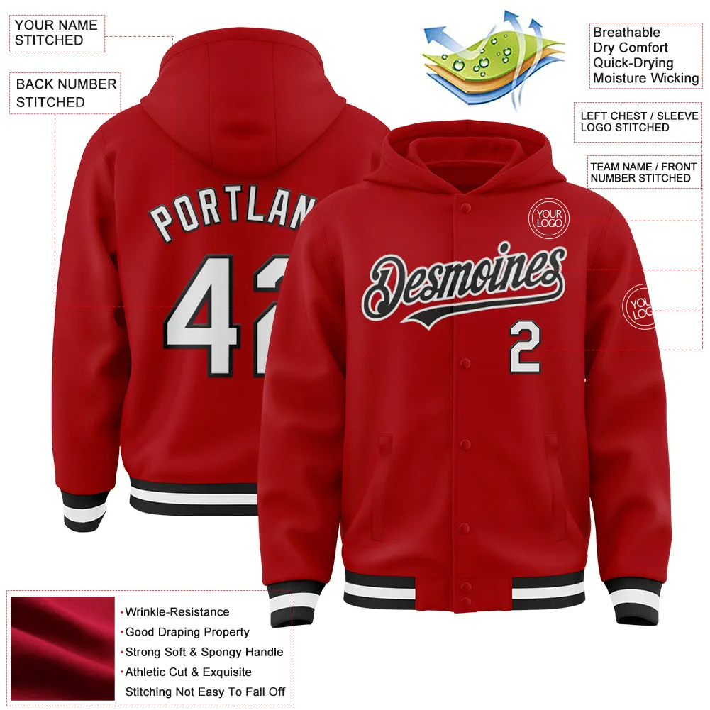 Custom Red White-Black Bomber Full-Snap Varsity Letterman Hoodie Jacket