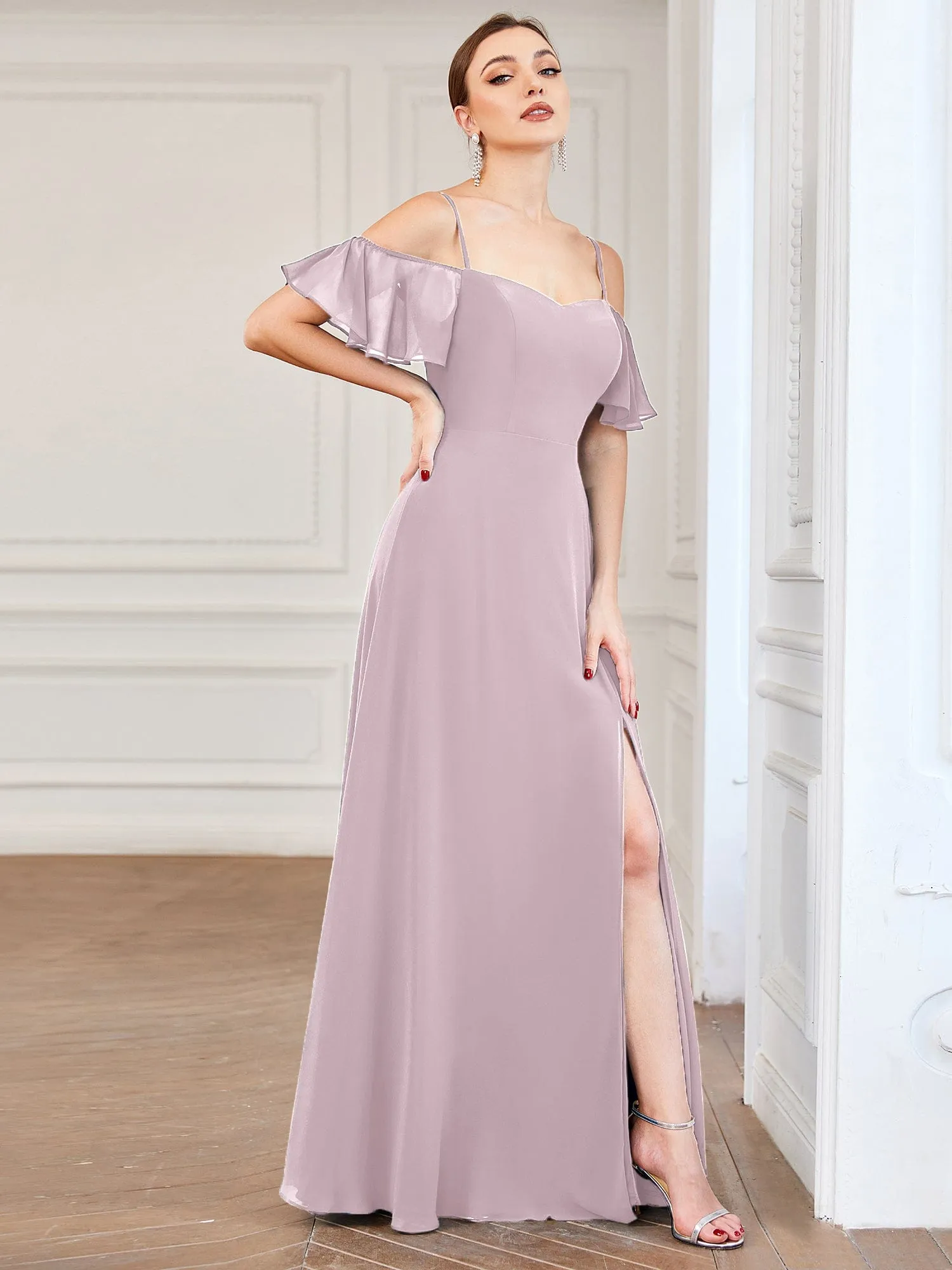 Custom Size Cold Shoulder Formal Bridesmaid Dress with Side Slit