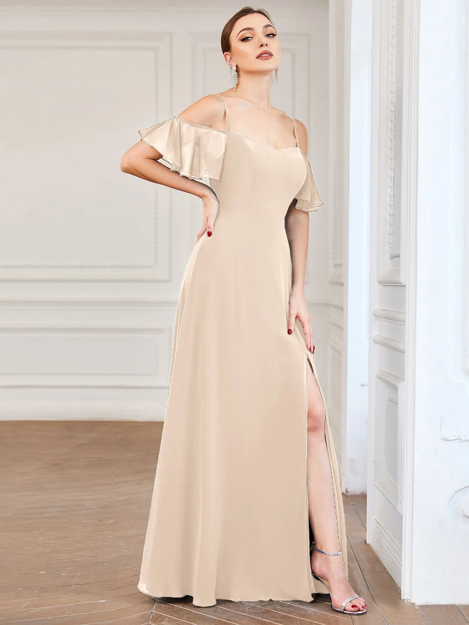 Custom Size Cold Shoulder Formal Bridesmaid Dress with Side Slit