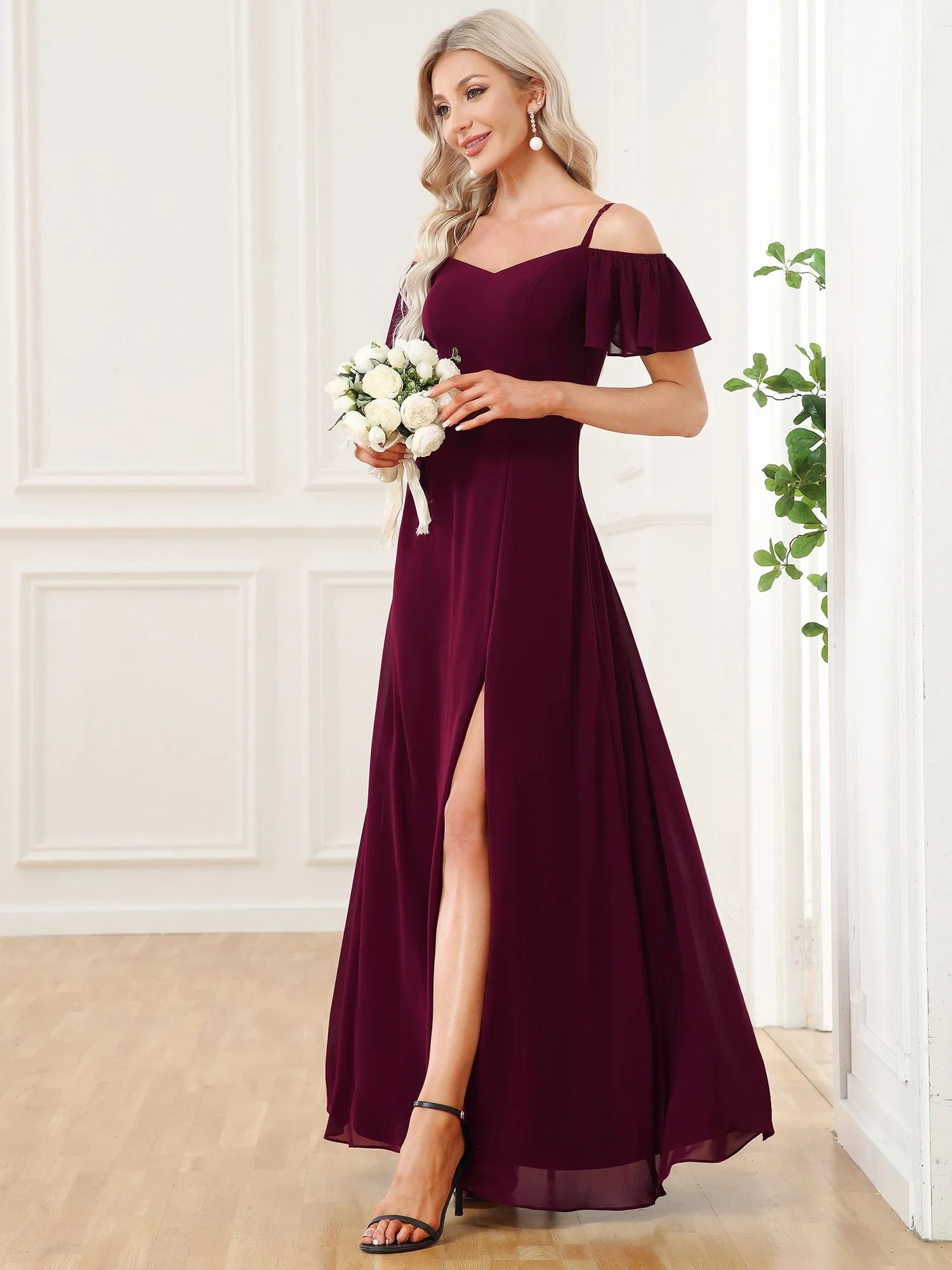 Custom Size Cold Shoulder Formal Bridesmaid Dress with Side Slit