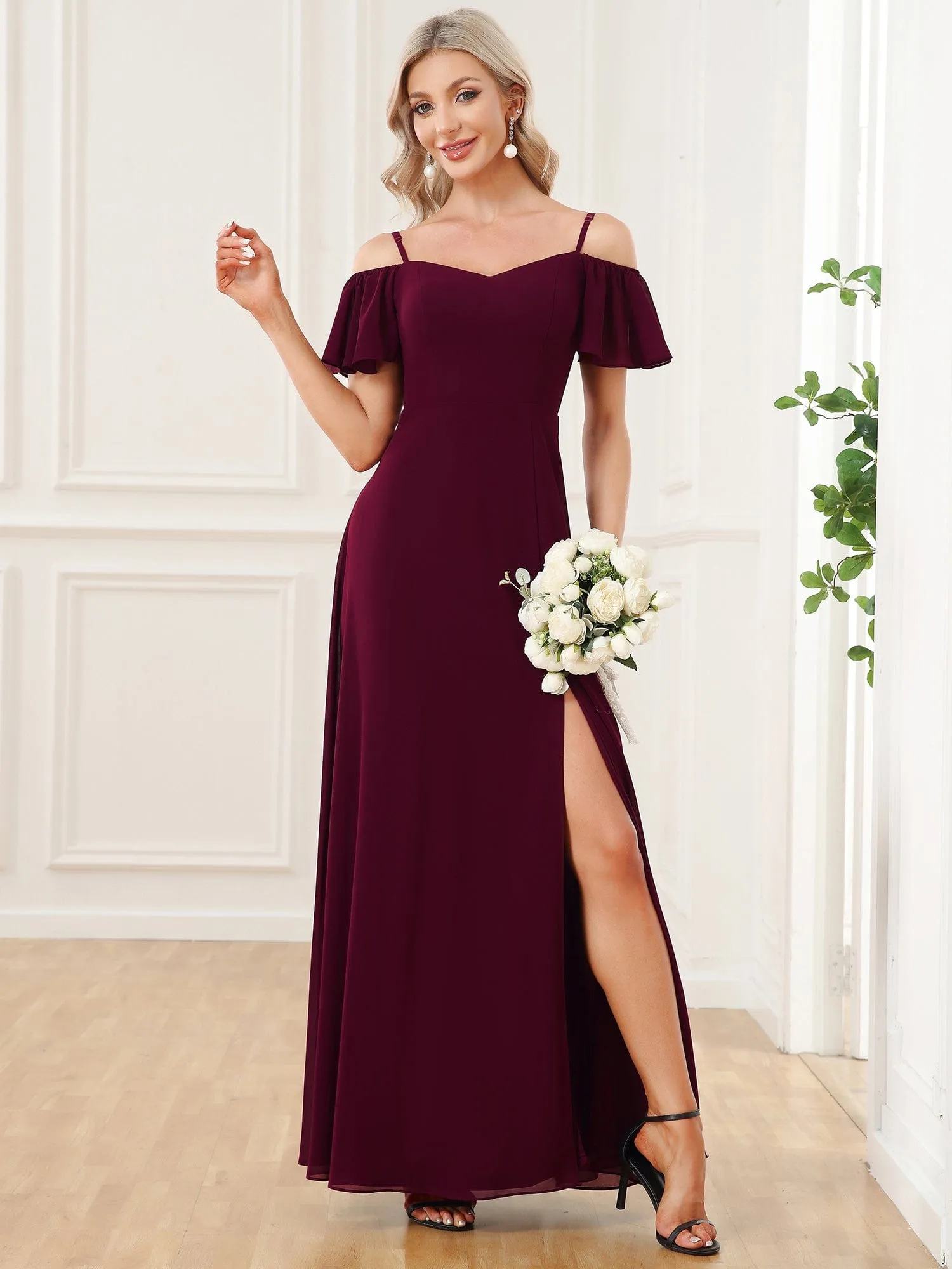 Custom Size Cold Shoulder Formal Bridesmaid Dress with Side Slit