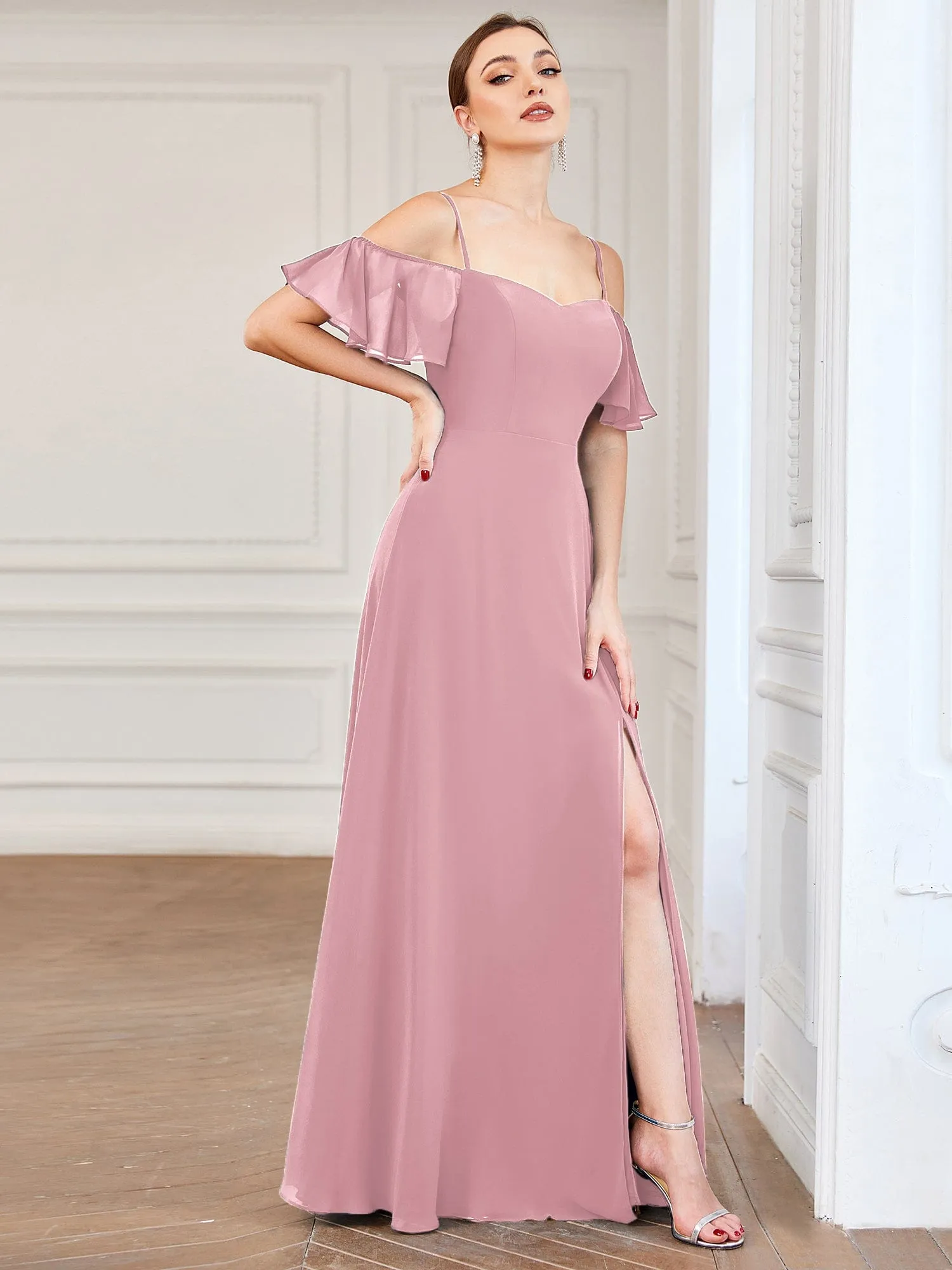 Custom Size Cold Shoulder Formal Bridesmaid Dress with Side Slit