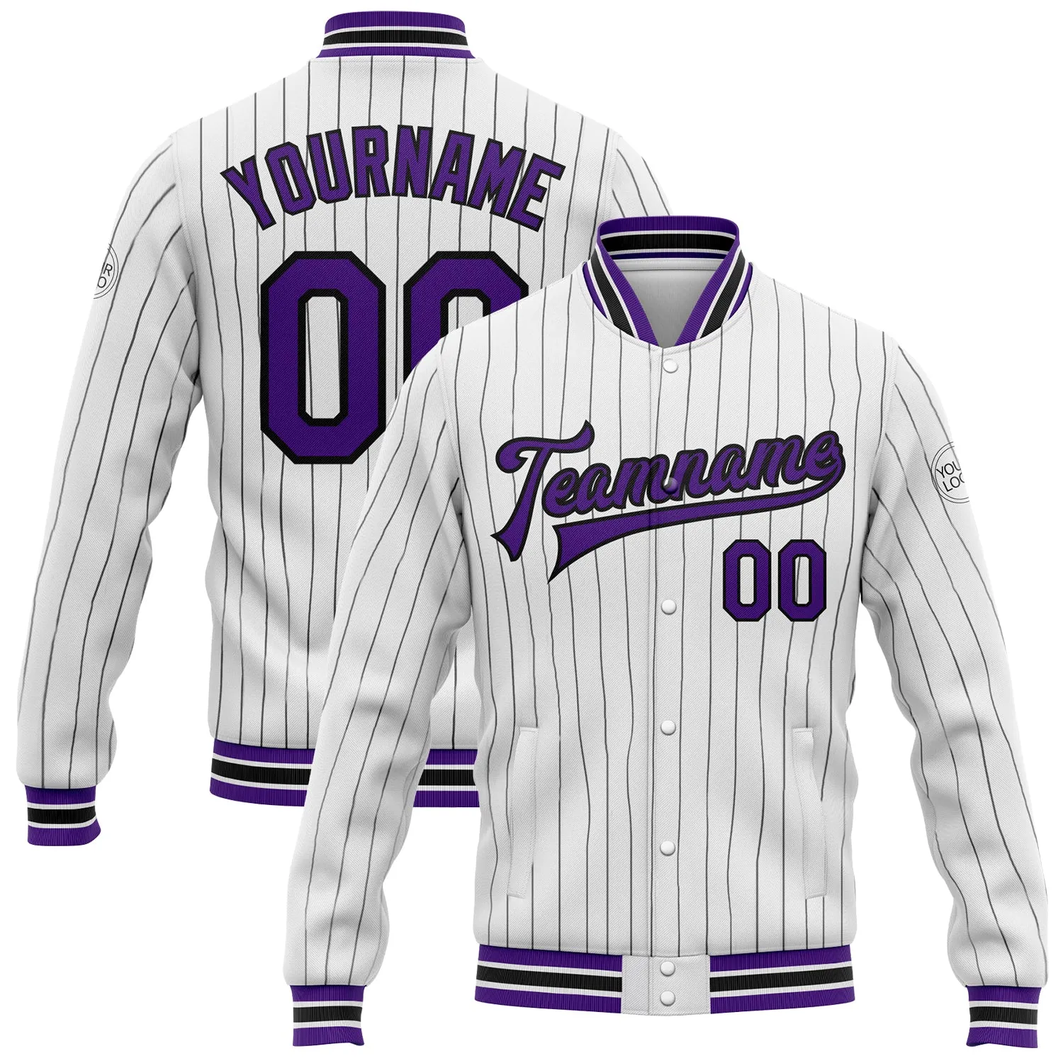 Custom White Black Pinstripe Purple Bomber Full-Snap Varsity Letterman Jacket