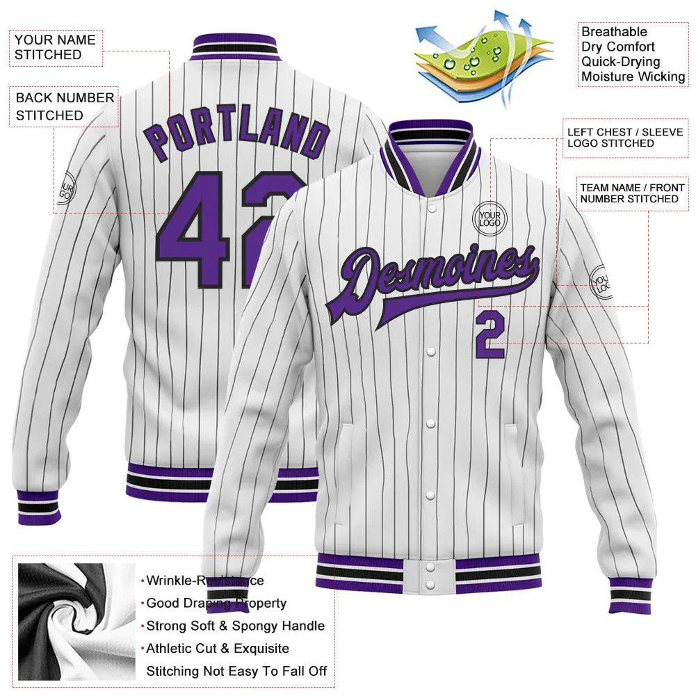 Custom White Black Pinstripe Purple Bomber Full-Snap Varsity Letterman Jacket