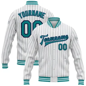 Custom White Navy Pinstripe Teal Bomber Full-Snap Varsity Letterman Jacket