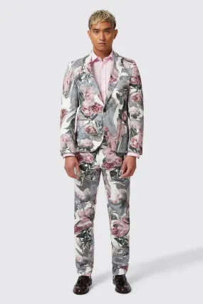 Dali Skinny Fit White Cotton Floral Suit