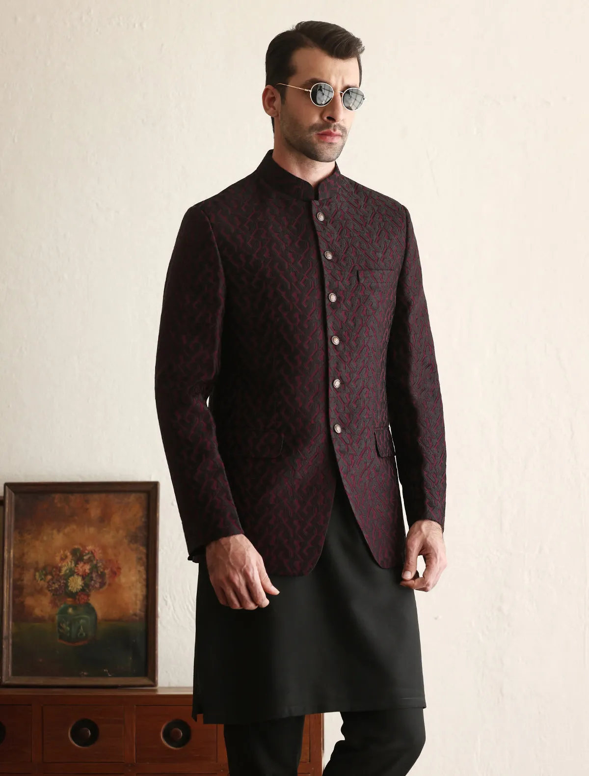 Deep maroon hounds tooth embroidered prince coat