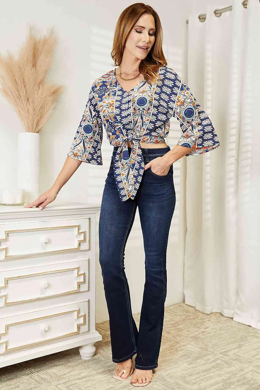 Double Take Tie Hem V-Neck Three-Quarter Sleeve Blouse