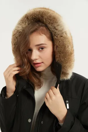 Drawstring Waist Parka Jacket with Removable faux fur hood