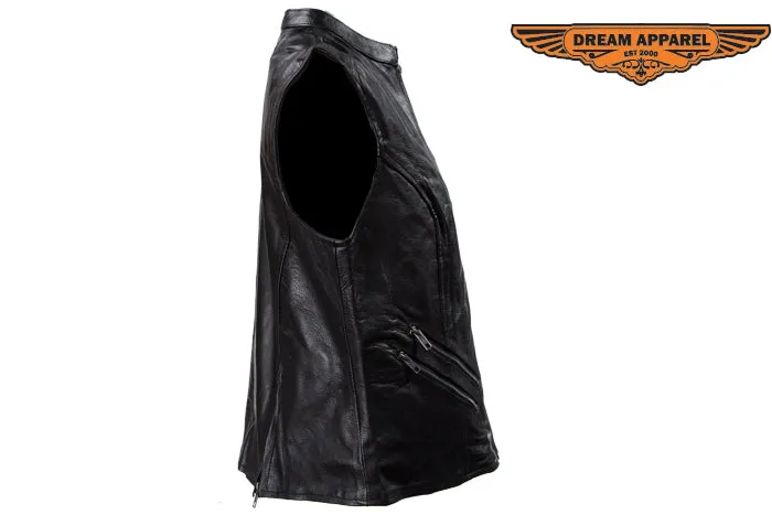 Dream Apparel Womens Leather Motorcycle Vest With Two Deep Conceal Carry Pockets