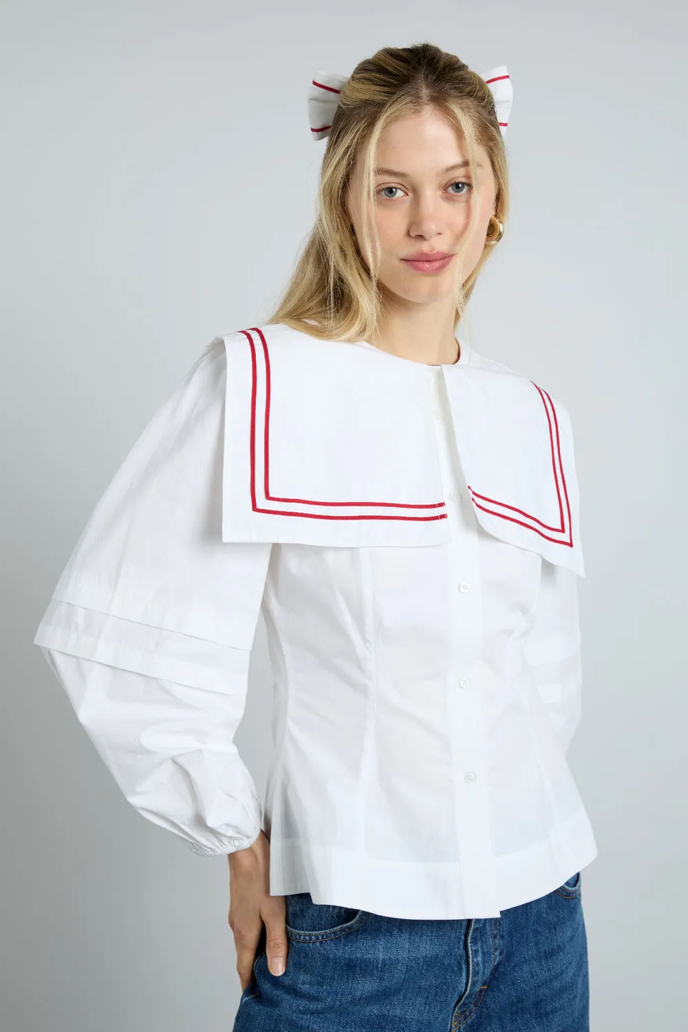 Elise Blouse White with Red Piping