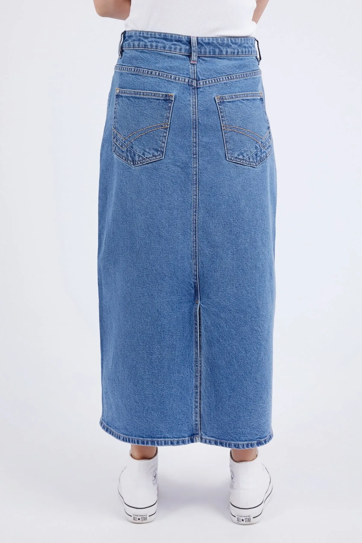 Elm Zoe Midi Denim Skirt - Mid Blue Wash