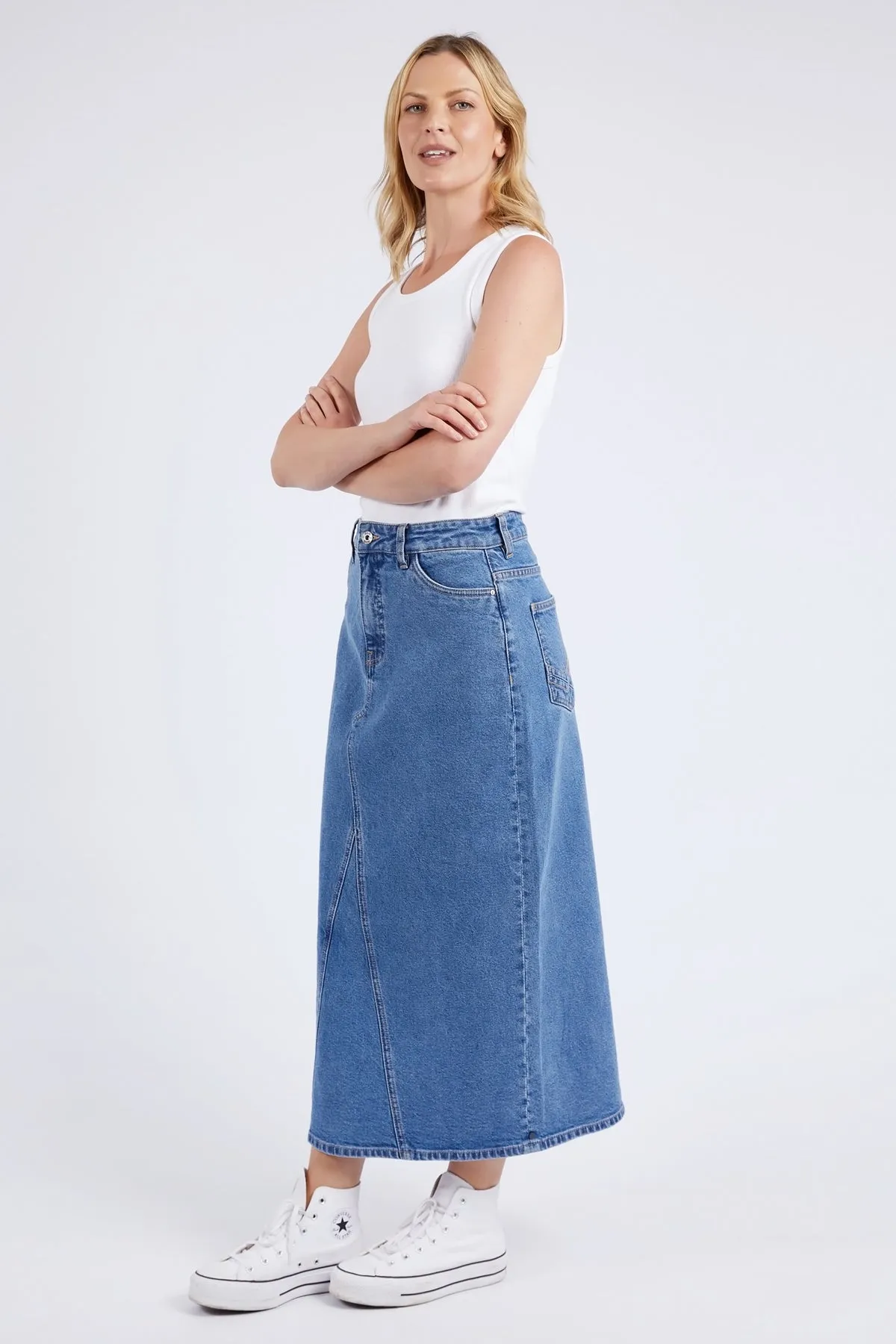 Elm Zoe Midi Denim Skirt - Mid Blue Wash