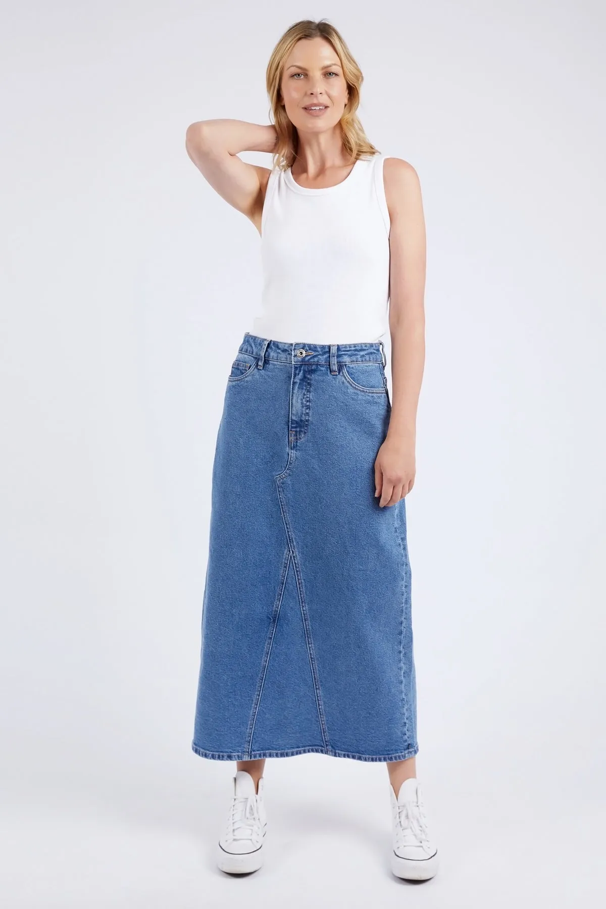 Elm Zoe Midi Denim Skirt - Mid Blue Wash