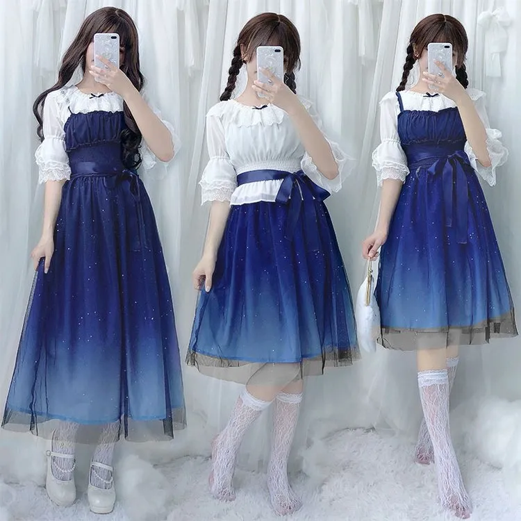 Enchanted Lolita Starry Sky Ruffle Tulle Slip Dress